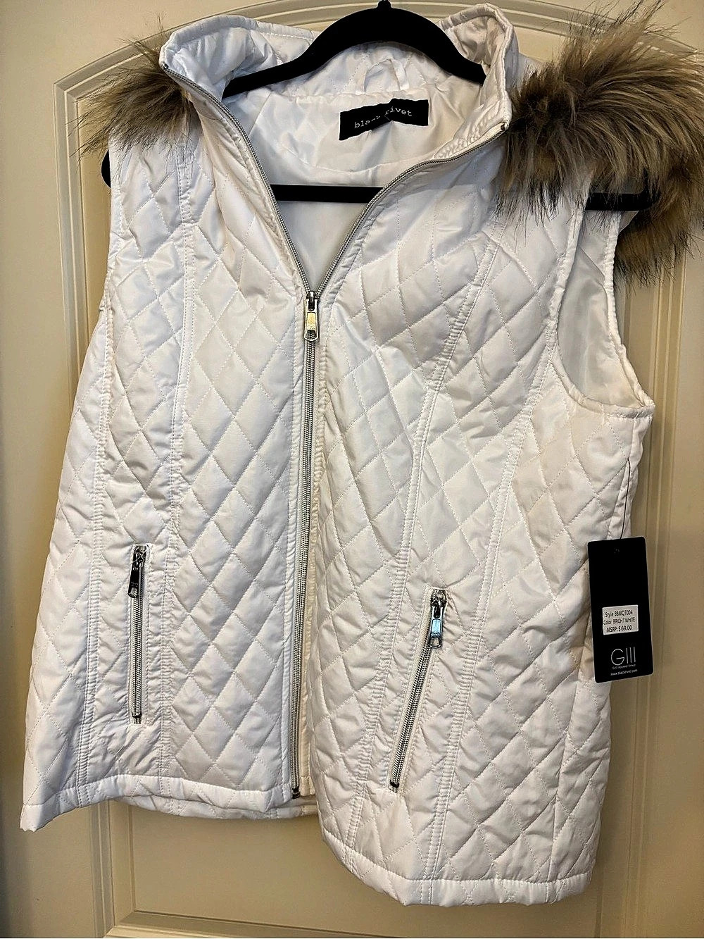 Black Rivet Quilted Faux-Fur Hooded Vest White Size L